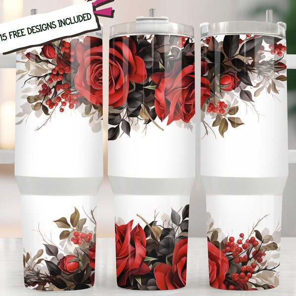 Red Roses 40oz Tumbler Wrap, romantic floral 40oz Sublimation Design, INSTANT DOWNLOAD, 15 Free Designs included, tapered Bottom