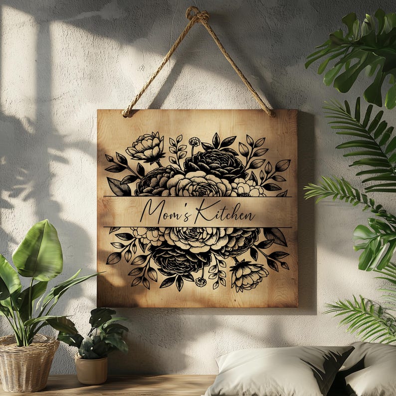 May include: A wooden sign with a black and white floral design and the text "Mom's Kitchen".