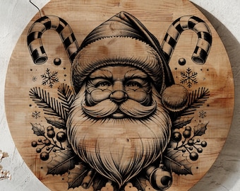 Archivo de grabado láser de Papá Noel navideño, PNG quemado con láser, diseño de tabla de embutidos cortada con láser, posavasos de madera, impresión descargable, arte mural