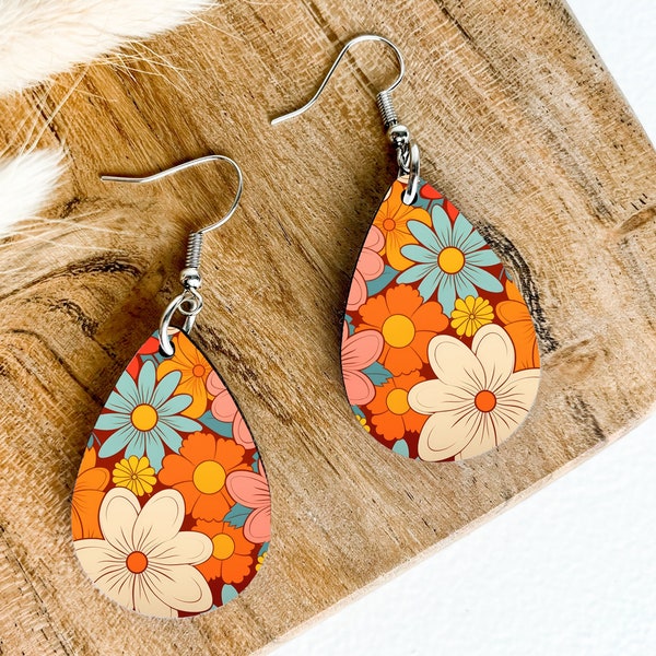 70s Flower Power Earring Design, Printable Teardrop 70s Hippie Earrings PNG, Sublimation Earring Design, INSTANT DOWNLOAD, Commercial Use