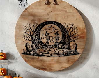 Tabla de embutidos con esqueletos de cementerio de Halloween (SVG), archivo digital de tabla de cortar aterradora, diseño de tabla de quesos, archivo de grabado en madera, espeluznante