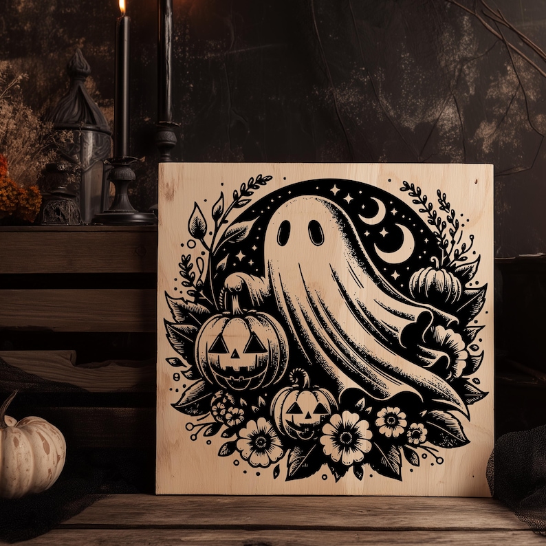 May include: A wooden Halloween-themed sign featuring a black and white illustration of a ghost, pumpkins, flowers, stars, and crescent moons. The artwork is set against a light wood background, creating a rustic and spooky aesthetic.