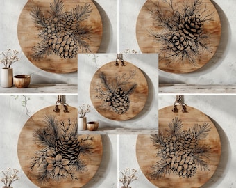 Pine Cone and Twig Laser Engraving File Bundle, Christmas Digital, Holiday Charcuterie Board Svg, Cutting Board SVG, Cheese Board, 5 SVG s