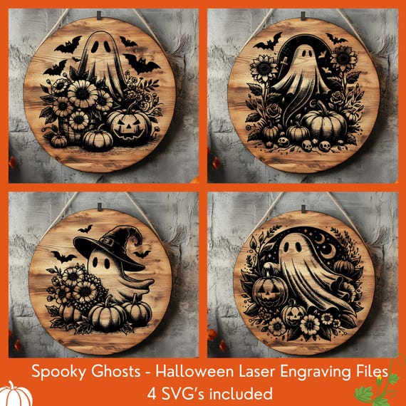 Spooky Ghost SVG Bundle for Halloween, Laser Engraving Files, Pumpkin and Floral Designs for Signs, Wall Art & Charcuterie Boards
