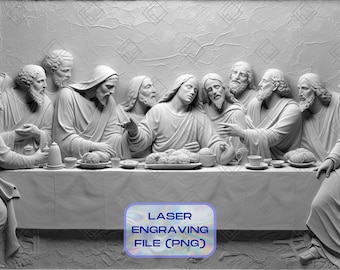 Puede incluir: Una escultura en relieve en blanco y negro que representa la Última Cena. La escultura muestra a Jesucristo y sus 12 discípulos sentados a una mesa. La escultura está hecha de un material liso y blanco y tiene un aspecto realista. El texto "LASER ENGRAVING FILE (PNG)" es visible en el centro inferior de la imagen.