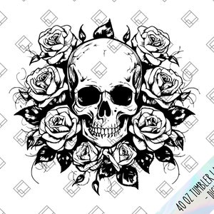 May include: Black and white line art illustration of a human skull surrounded by roses. The skull has a detailed design with a prominent nose and jawline. The roses are arranged around the skull in a circular pattern.