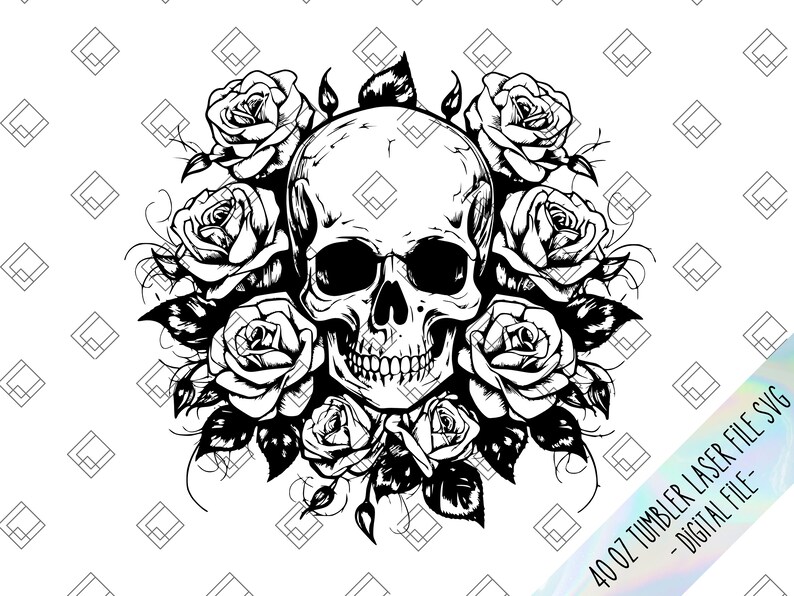 May include: Black and white line art illustration of a human skull surrounded by roses. The skull has a detailed design with a prominent nose and jawline. The roses are arranged around the skull in a circular pattern.