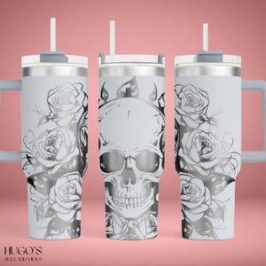 Skull 40oz Tumbler Laser File, Floral Engraving SVG, Roses Laser Engraving Design, Full Wrap for 40oz Tumbler, Engraved SVG for Laser image 2