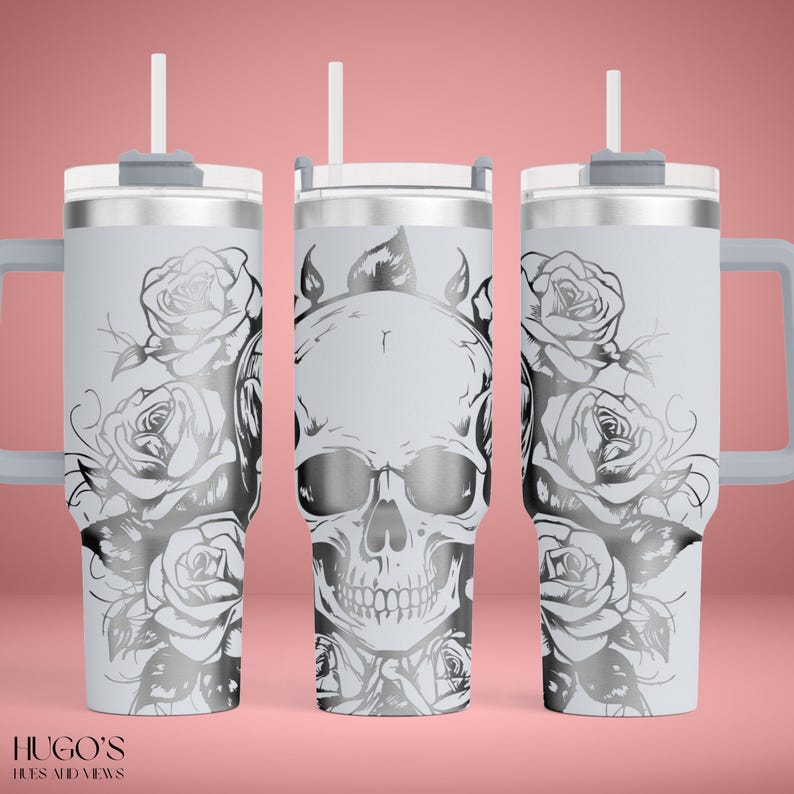 Skull 40oz Tumbler Laser File, Floral Engraving SVG, Roses Laser Engraving Design, Full Wrap for 40oz Tumbler, Engraved SVG for Laser image 2