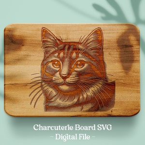 May include: A wooden cutting board with a laser-engraved illustration of a cat's head. The cat has a detailed, realistic design with fur, whiskers, and eyes.