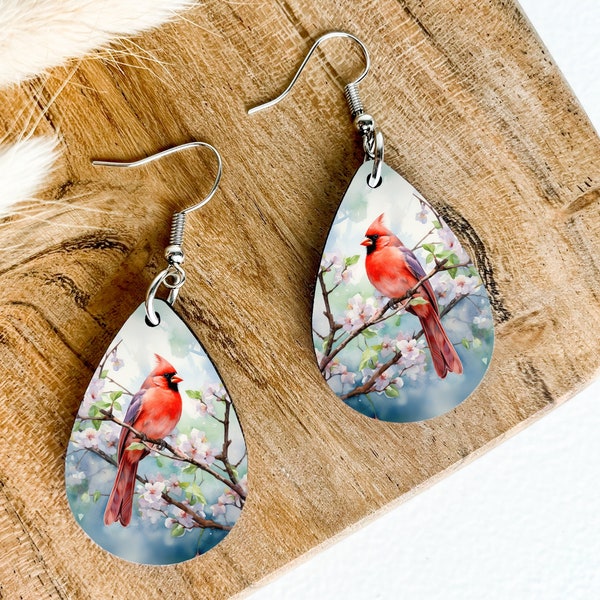 Watercolor Cardinal Earring Design, Printable Teardrop Bird Earrings PNG, Sublimation Earring Design, INSTANT DOWNLOAD, Commercial Use
