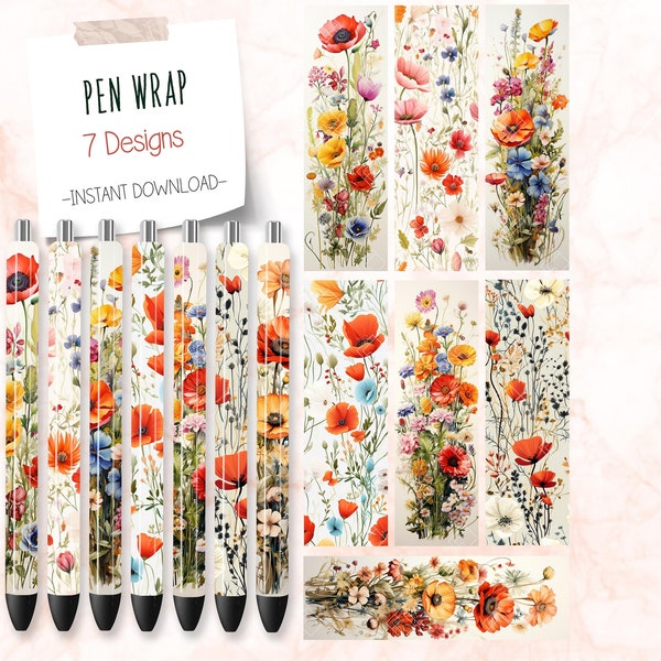 Lot de 7 décorations florales pour stylos, sublimation, téléchargement immédiat, pochettes époxy pour stylos, design mignon, pochettes pour stylos