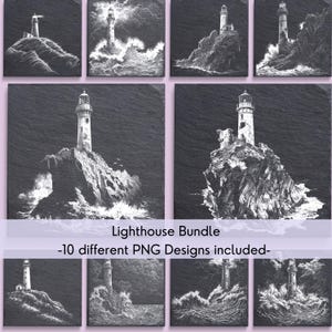 May include: A bundle of 10 digital illustrations of lighthouses on a rocky coast with crashing waves. The images are in black and white and have a vintage, hand-drawn style. Lighthouse Bundle - 10 different PNG Designs included-