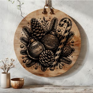 May include: A round wooden sign with a black and white illustration of Christmas ornaments, a candy cane, and pine branches.