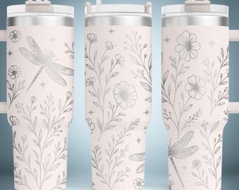 40oz Tumbler Laser File, Floral Engraving SVG, Wildflower and Dragonfly Laser Design, Full Wrap for Tumbler DIY, INSTANT Download, Seamless