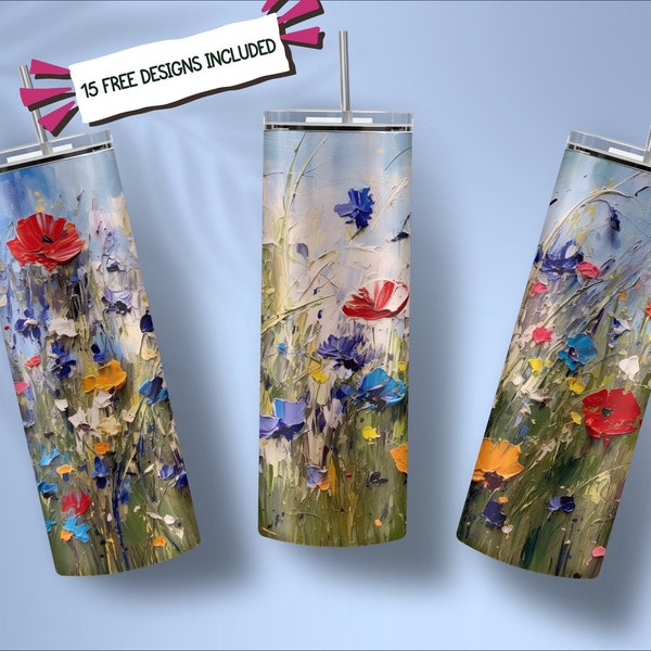 Oilpainting Wildflowers tumbler wrap, 20oz Skinny Tumbler, INSTANT DOWNLOAD PNG, Straight Tumbler Wrap, Sublimation Design, free designs