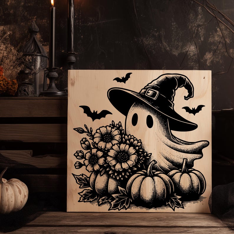 May include: A Halloween-themed wooden sign featuring a ghost wearing a witch hat, surrounded by pumpkins, flowers, and bats. The artwork is in black and white, with a vintage, hand-drawn style. The sign is displayed on a wooden surface.