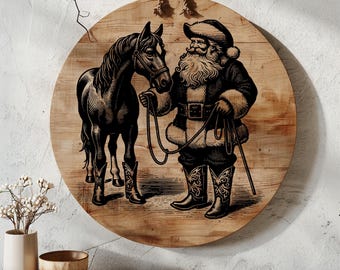 Drôle de planche de charcuterie de Noël SVG, cow-boy père Noël avec fichier numérique de planche à découper cheval, conception de planche de fromages, fichier de gravure laser