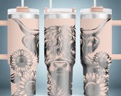Highland Cow 40oz Tumbler Laser File, Floral Engraving, Laser Engraving Design, Full Sunflower Wrap for 40oz Tumbler, Engraved SVG for Laser