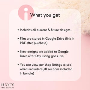 May include: A pink and white graphic with the text "What you get" and bullet points detailing the contents of a digital product bundle. The shop's logo, "HUGO'S HUES AND VIEWS," is at the bottom.