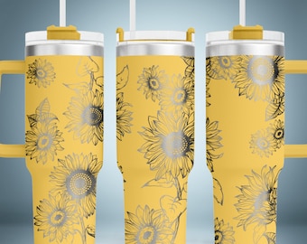 Archivo láser para vaso de girasol de 40 oz, grabado floral, diseño de grabado láser, envoltura completa de girasol para vaso de 40 oz, SVG grabado para láser
