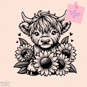 May include: Black and white illustration of a Highland cow with a fluffy mane, holding three sunflowers. The cow has a sweet expression and is looking directly at the viewer.