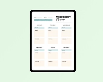 May include: A digital planner for tracking workouts, meals, and goals. The planner is divided into days of the week, with sections for goals, meals, and exercise.
