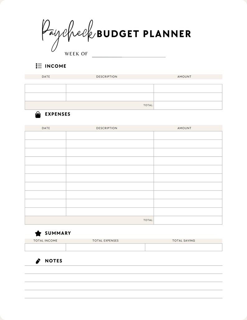 May include: A white Paycheck Budget Planner with black text. The planner includes sections for income, expenses, and a summary. The top of the planner reads "Paycheck Budget Planner" in a script font.