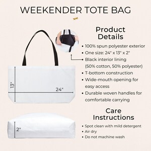 soccer baseball mom weekender tote bag size chart and product details with dimensions and care instructions.