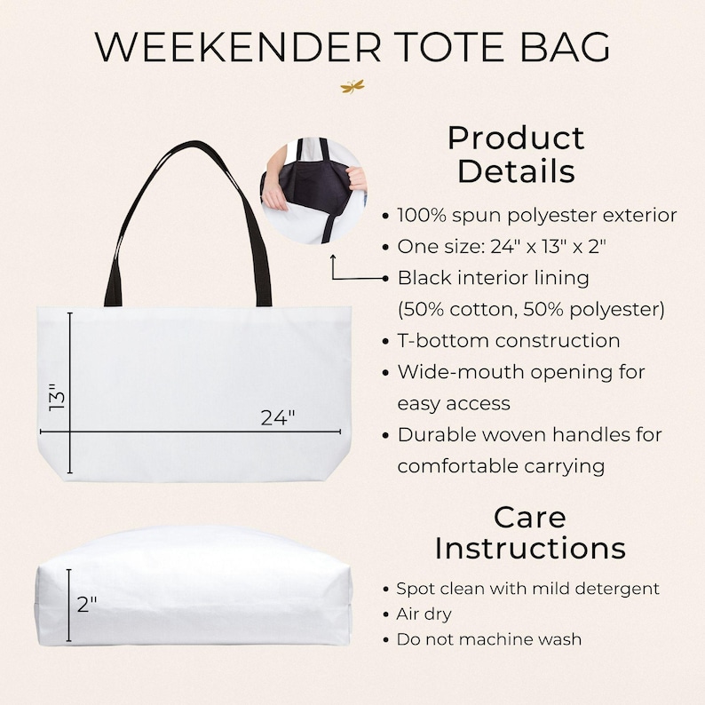 soccer baseball mom weekender tote bag size chart and product details with dimensions and care instructions.