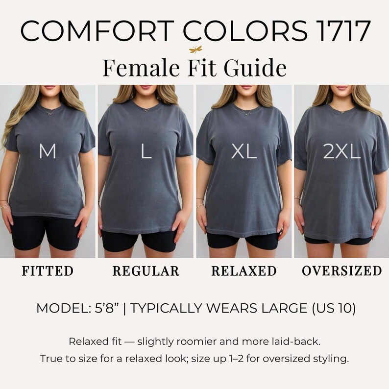 Comfort Colors 1717 female fit guide showing fitted, regular, relaxed, and oversized styling options.