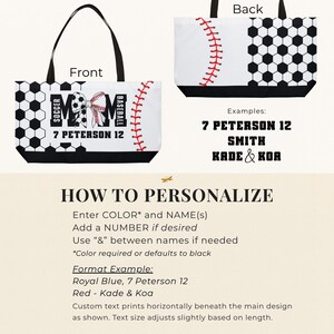 How to personalize soccer baseball tote bag, enter color name and number instructions for custom sports bag. Front and back view of personalized soccer baseball tote bag with custom names and numbers, sports mom gift bag