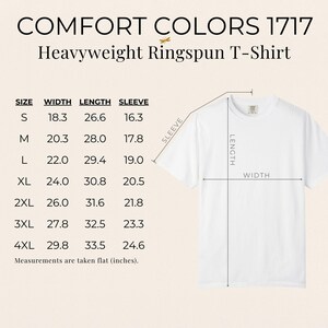 Comfort Colors 1717 t-shirt size chart with width, length, and sleeve measurements in inches