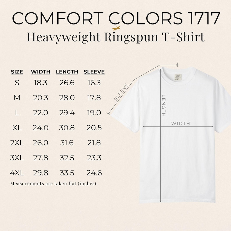 Comfort Colors 1717 t-shirt size chart with width, length, and sleeve measurements in inches