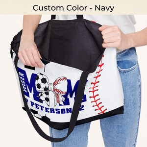 Custom soccer baseball tote bag in navy blue with name and number personalization, sports mom bag with bow design