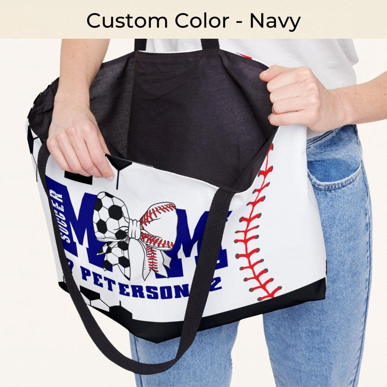 Custom soccer baseball tote bag in navy blue with name and number personalization, sports mom bag with bow design
