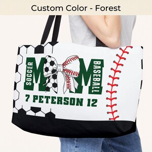 Custom soccer baseball tote bag in forest with name and number personalization, sports mom bag with bow design