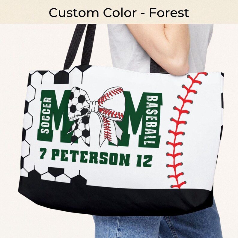 Custom soccer baseball tote bag in forest with name and number personalization, sports mom bag with bow design