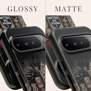 Gothic bookish phone case shown from multiple angles, dark romance aesthetic with villain quote and vintage library design comes in glossy or matte