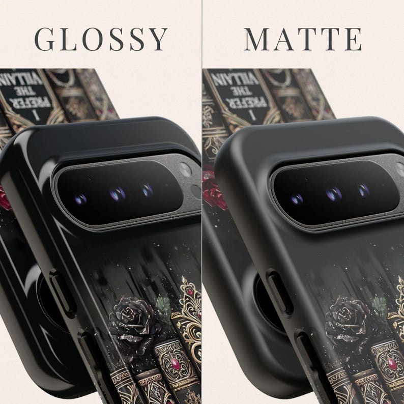 Gothic bookish phone case shown from multiple angles, dark romance aesthetic with villain quote and vintage library design comes in glossy or matte