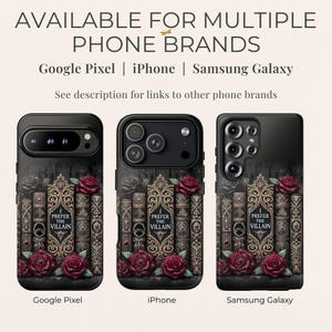 Phone case compatible with iPhone, Samsung Galaxy, and Google Pixel models, shown with gothic book design