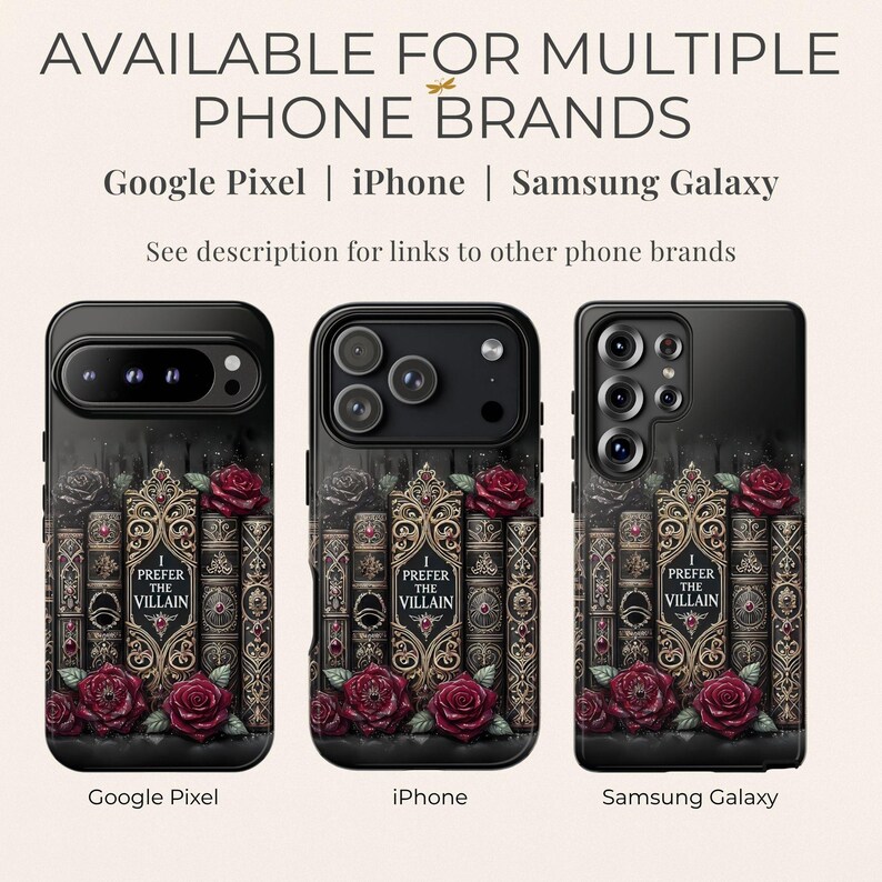 Phone case compatible with iPhone, Samsung Galaxy, and Google Pixel models, shown with gothic book design