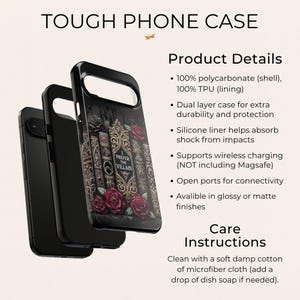 Protective tough phone case with dual layer design, compatible with wireless charging, featuring dark romance book artwork