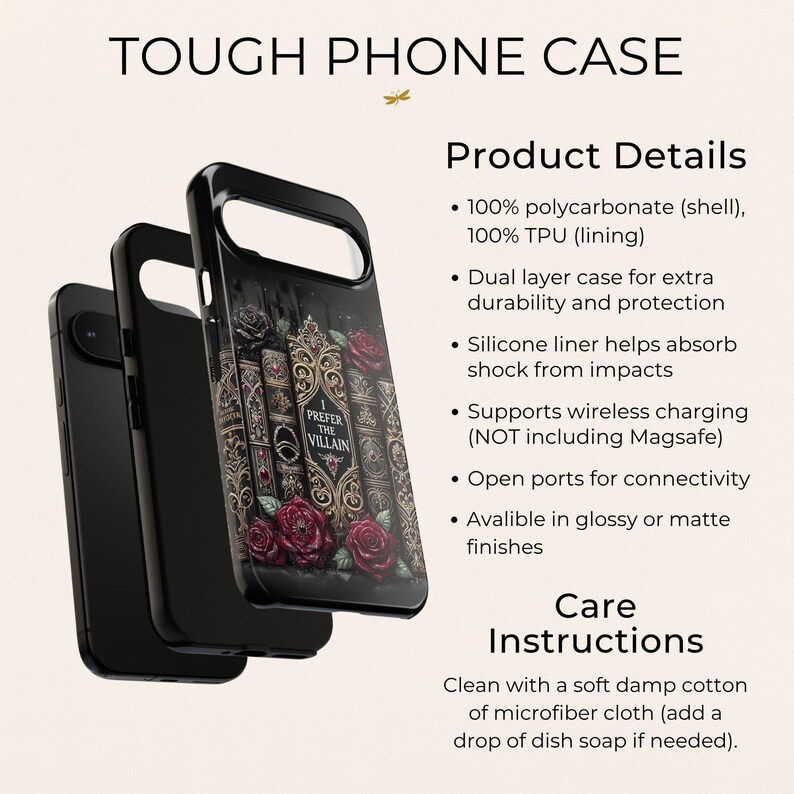 Protective tough phone case with dual layer design, compatible with wireless charging, featuring dark romance book artwork