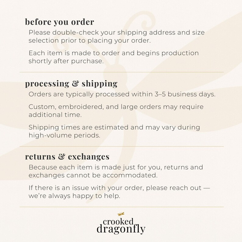 Processing time, shipping details, and returns policy for made-to-order Bella Canvas shirt.