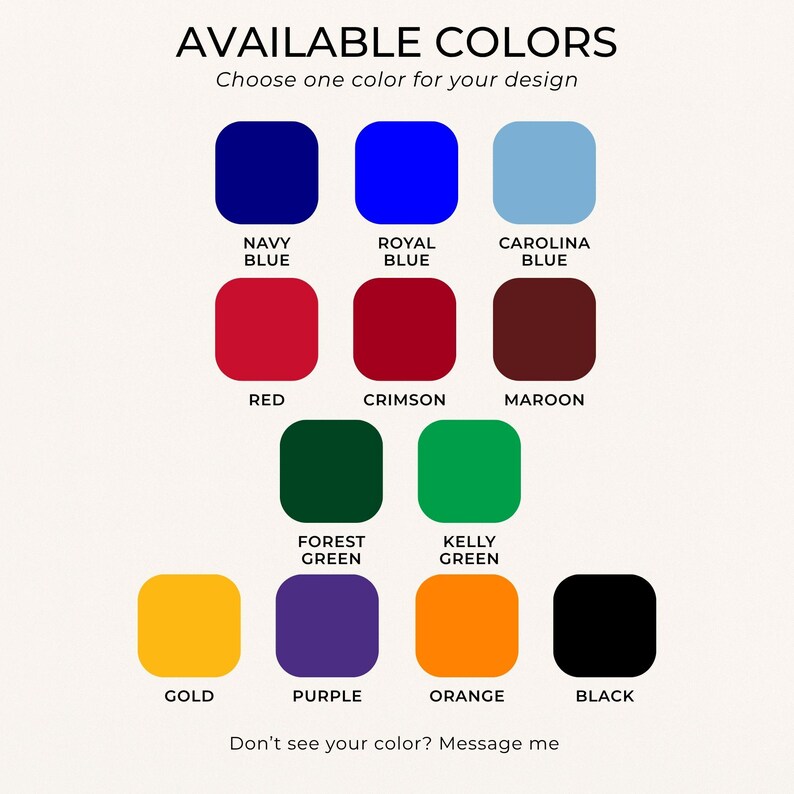 Available color options for personalized sports tote bag including blue red green gold purple orange and black