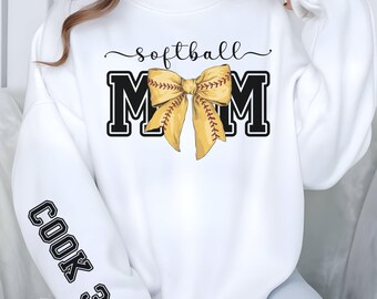 Personalized Softball Mom Hoodie Custom Sleeve Sweatshirt Coquette Bow Sports Gift