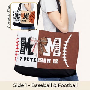 Personalized Multi Sports Mom Tote Bag, Four Sport Baseball Football Soccer Basketball