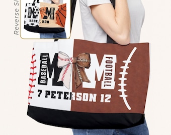 Personalized Multi Sports Mom Tote Bag, Four Sport Baseball Football Soccer Basketball