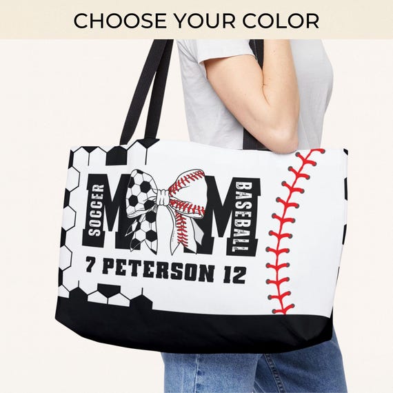 Personalized Soccer Baseball Mom Tote Bag with Custom Color Name and Number